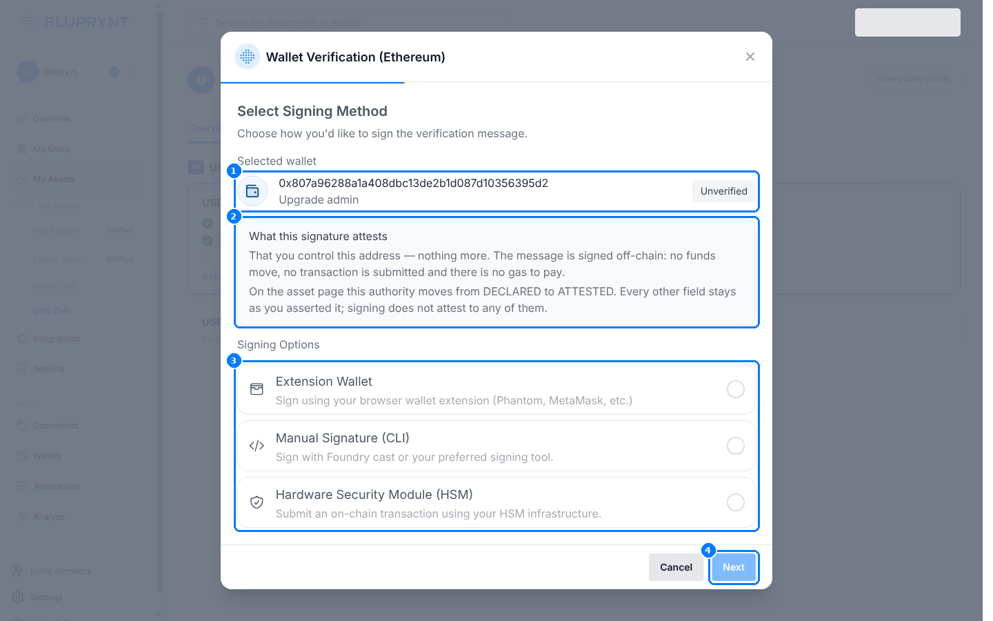 Select Signing Method dialog with Extension Wallet, Manual Signature (CLI) and HSM options.