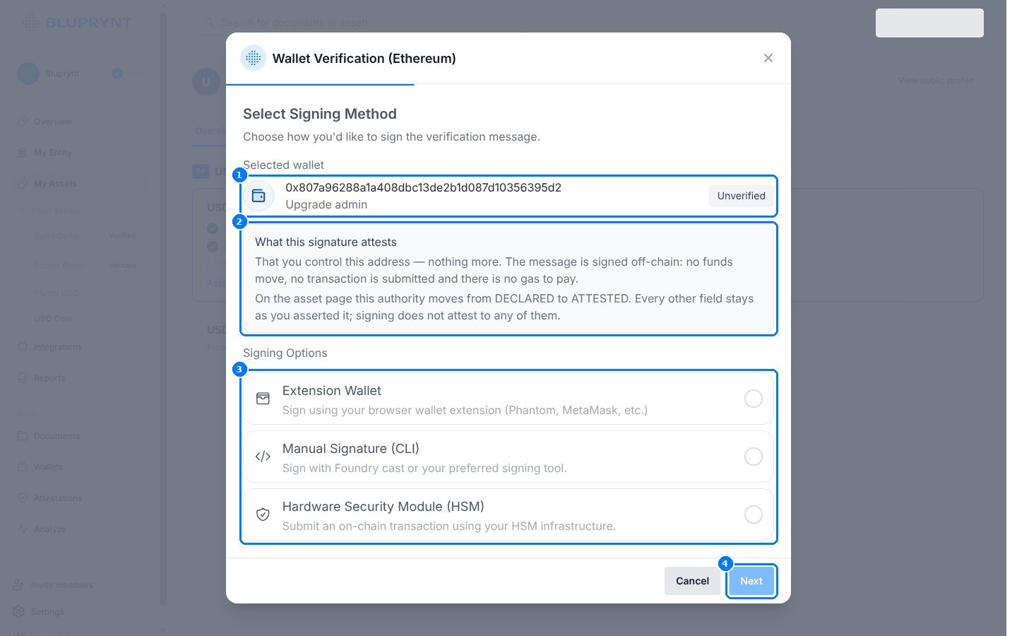 Select Signing Method dialog with Extension Wallet, Manual Signature (CLI) and HSM options.