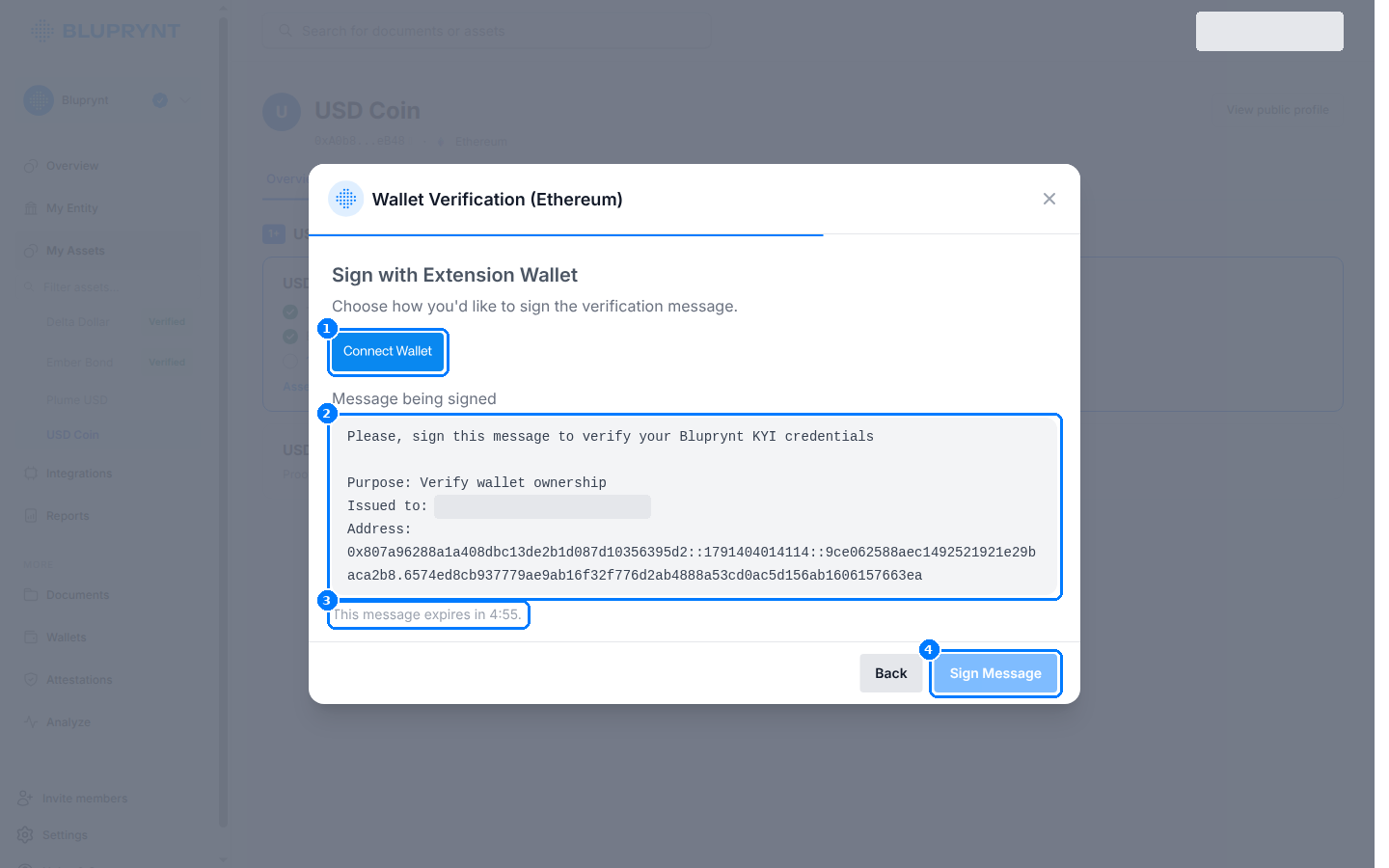 Sign with Extension Wallet screen with Connect Wallet, message, expiry and Sign Message.