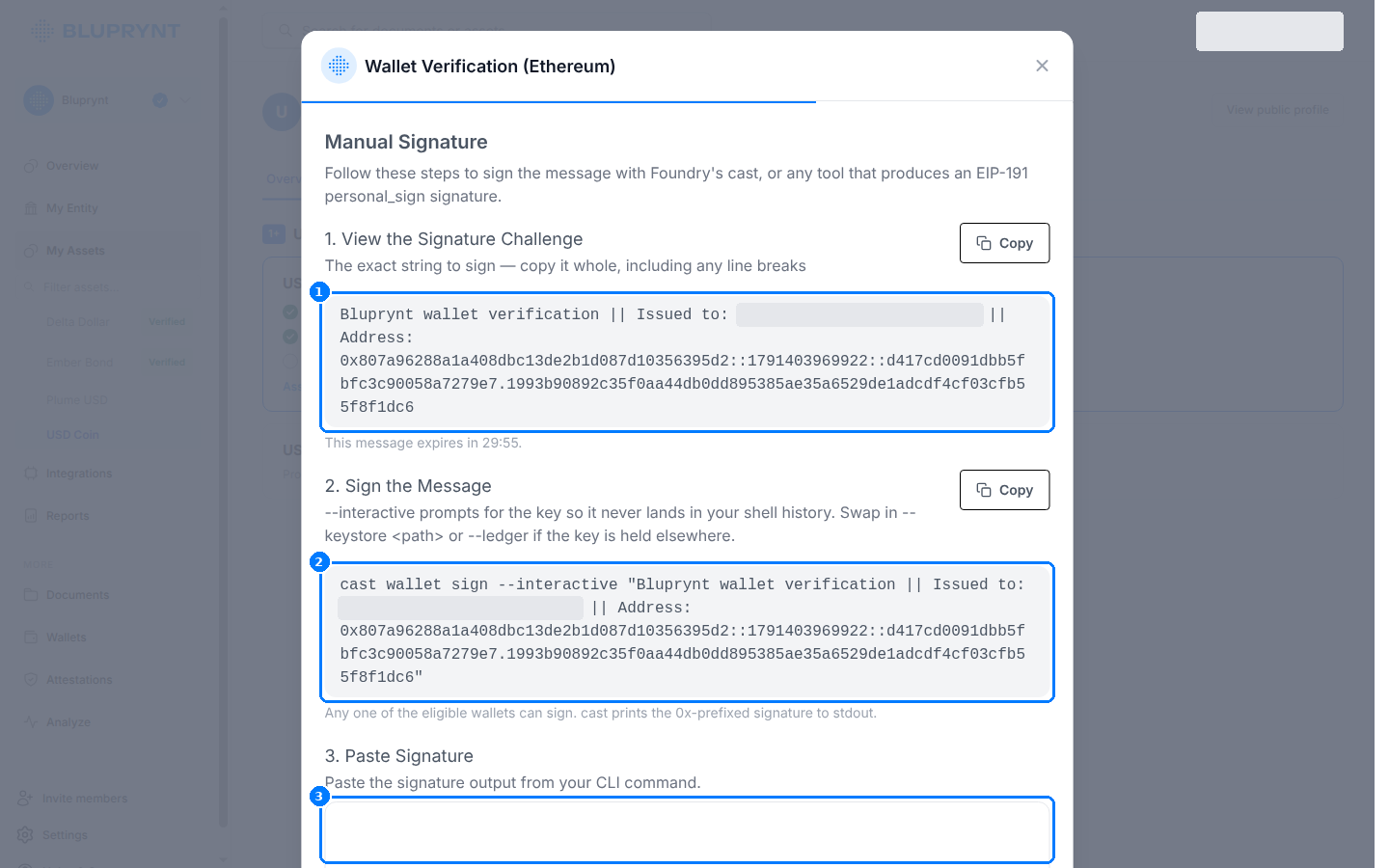 Manual Signature screen with the challenge, a cast wallet sign command and a signature field.