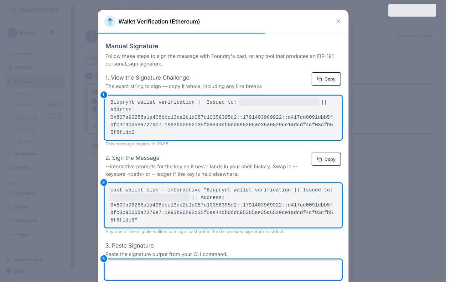Manual Signature screen with the challenge, a cast wallet sign command and a signature field.