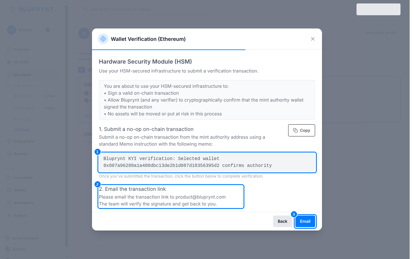 HSM screen with the memo to submit and the email step.