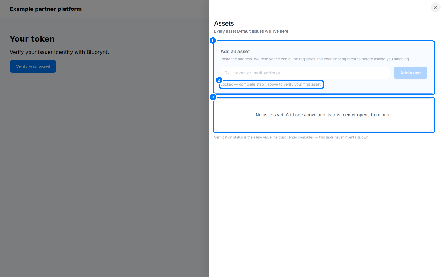 Assets drawer with a locked Add an asset field and an empty list.