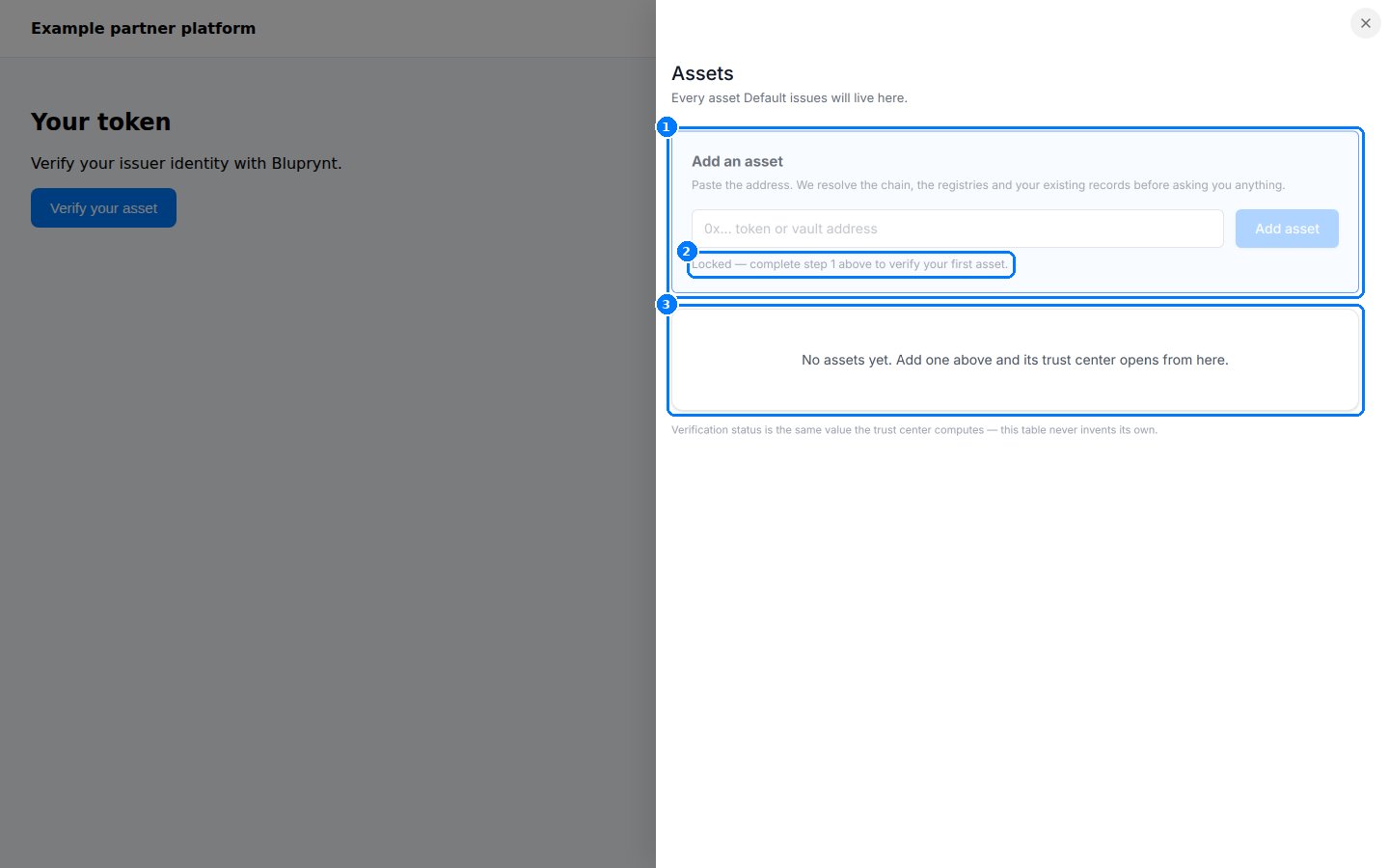 Assets drawer with a locked Add an asset field and an empty list.