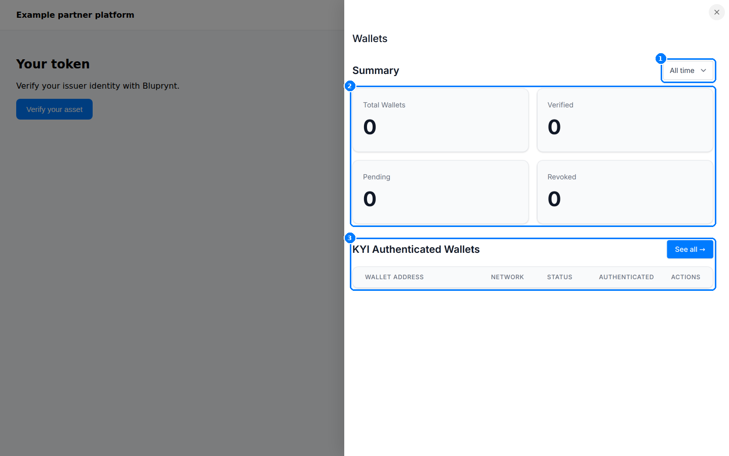 Wallets drawer showing totals for verified, pending and revoked wallets and an empty table.