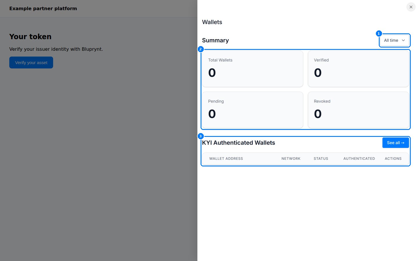 Wallets drawer showing totals for verified, pending and revoked wallets and an empty table.