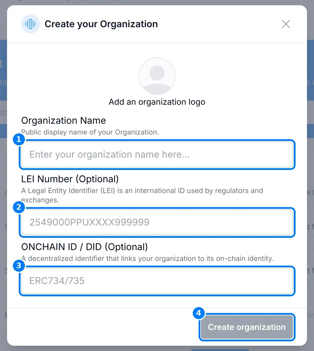 Create your Organization dialog with callouts on Organization Name, LEI Number, ONCHAIN ID / DID and the Create organization button.