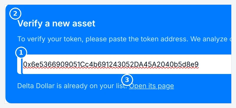 Phone-sized close-up of the numbered callouts. Verify a new asset panel with callouts on the address input, the Verify button and the Open its page link.