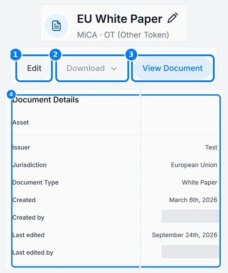 Phone-sized close-up of the numbered callouts. Document detail page with callouts on Edit, Download, View Document and the Document Details panel.