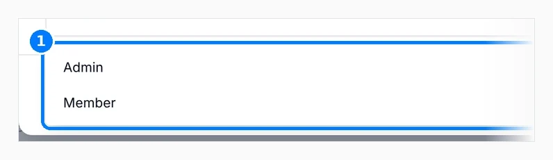 Phone-sized close-up of the numbered callouts. Invite dialog with the Role dropdown open, showing Admin and Member.