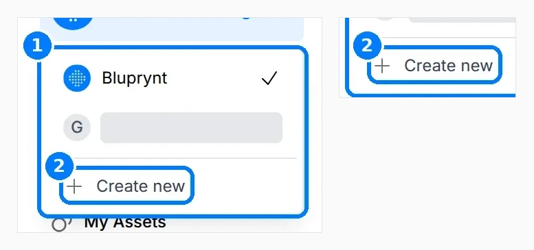 Phone-sized close-up of the numbered callouts. Sidebar organization switcher open, with callouts on the organization list and the Create new item.