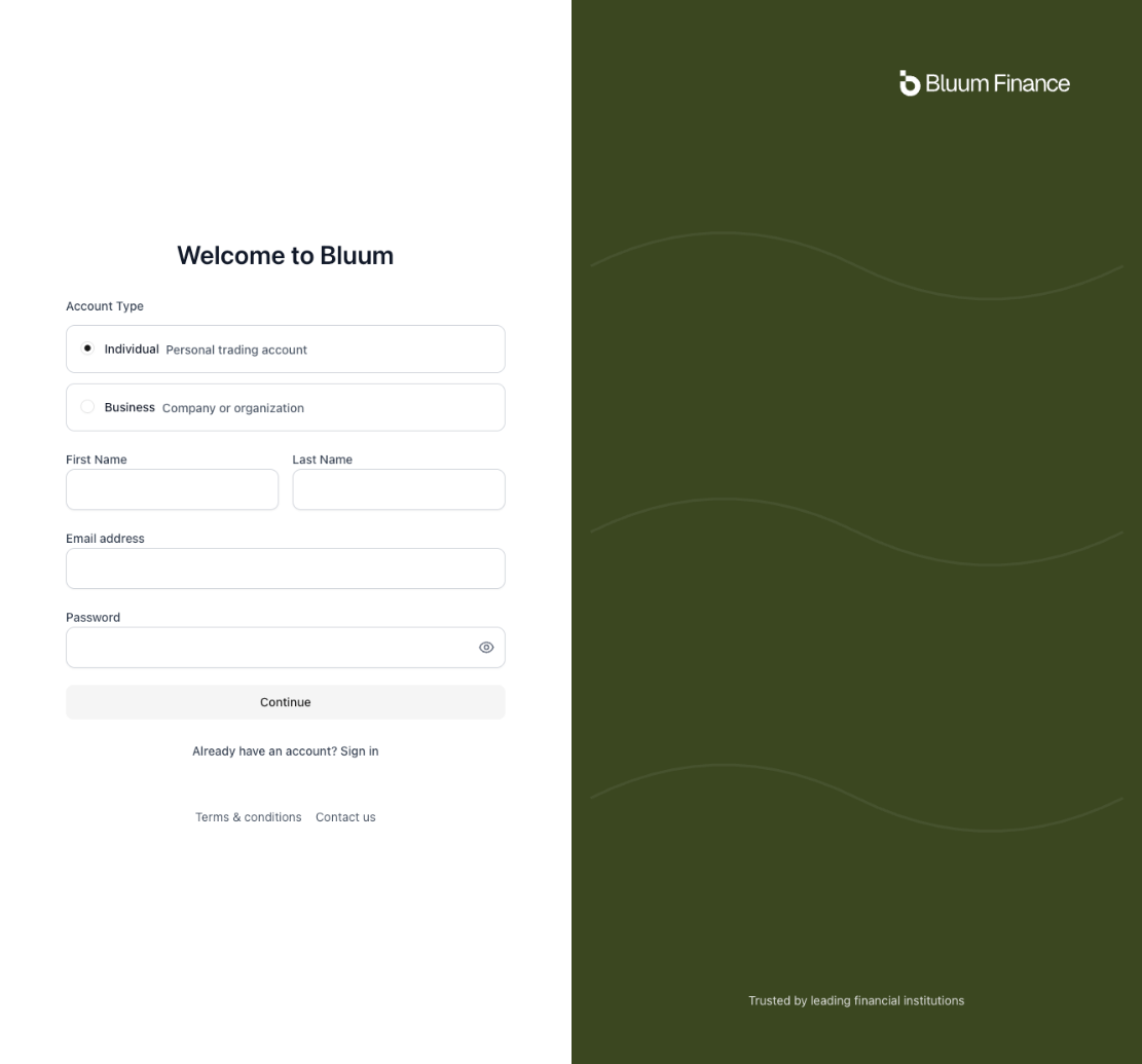 Bluum Finance dashboard login page showing sign up option