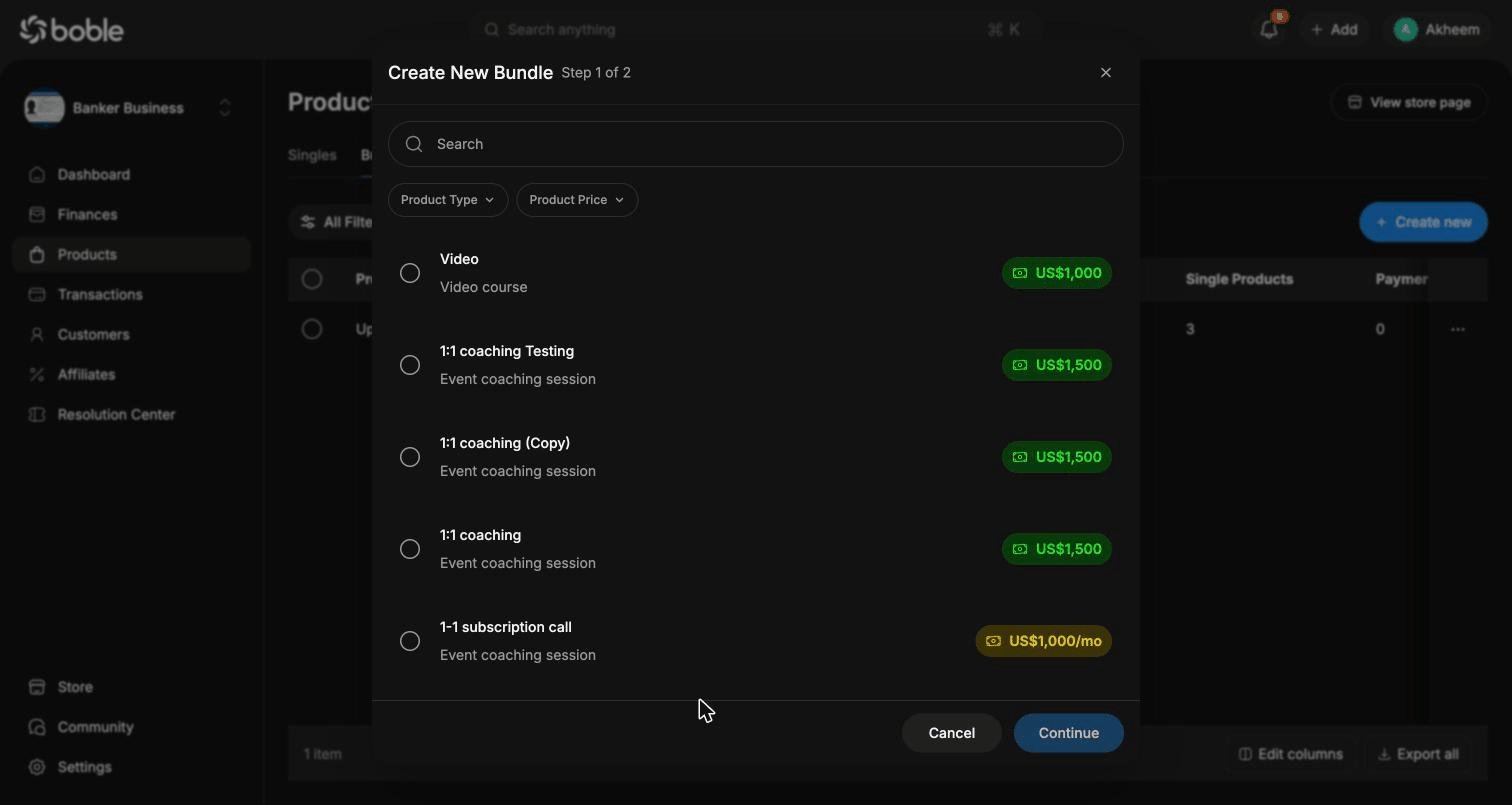 Create bundle — select products