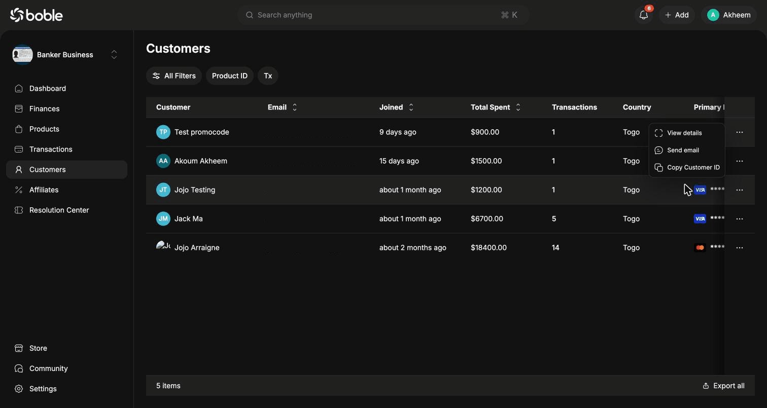 Customer row actions menu