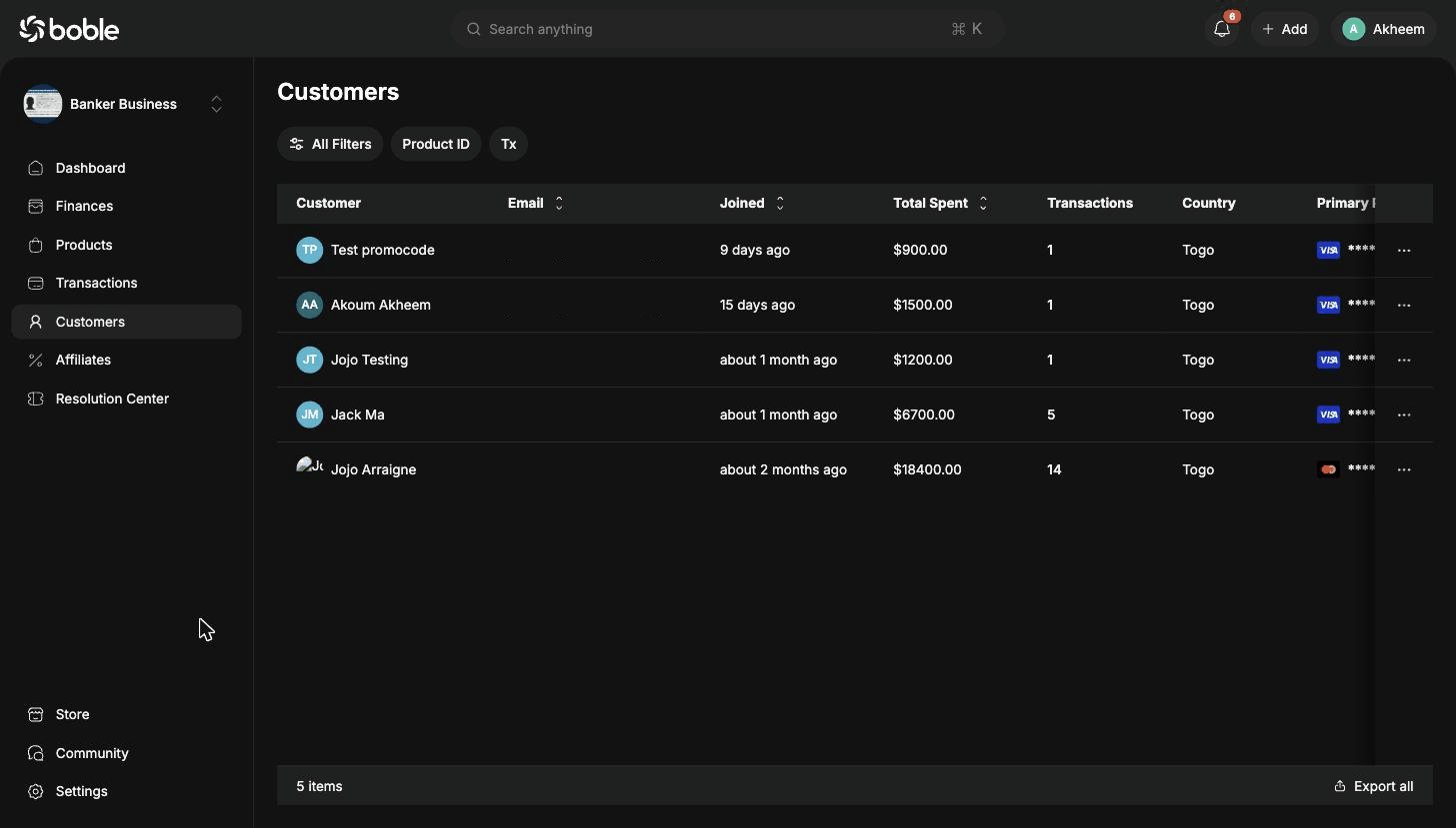 Boble admin customers list