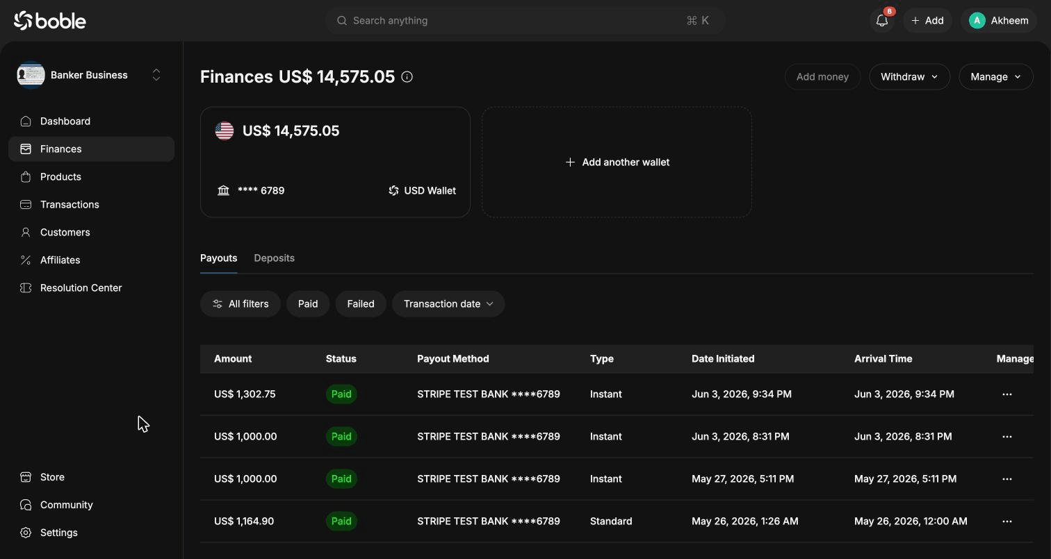 Boble admin finances page