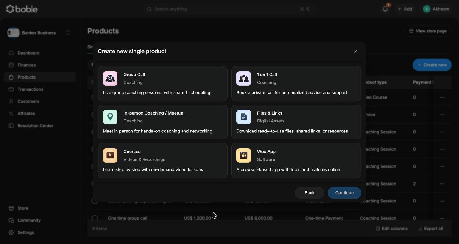 Create product — choose product type