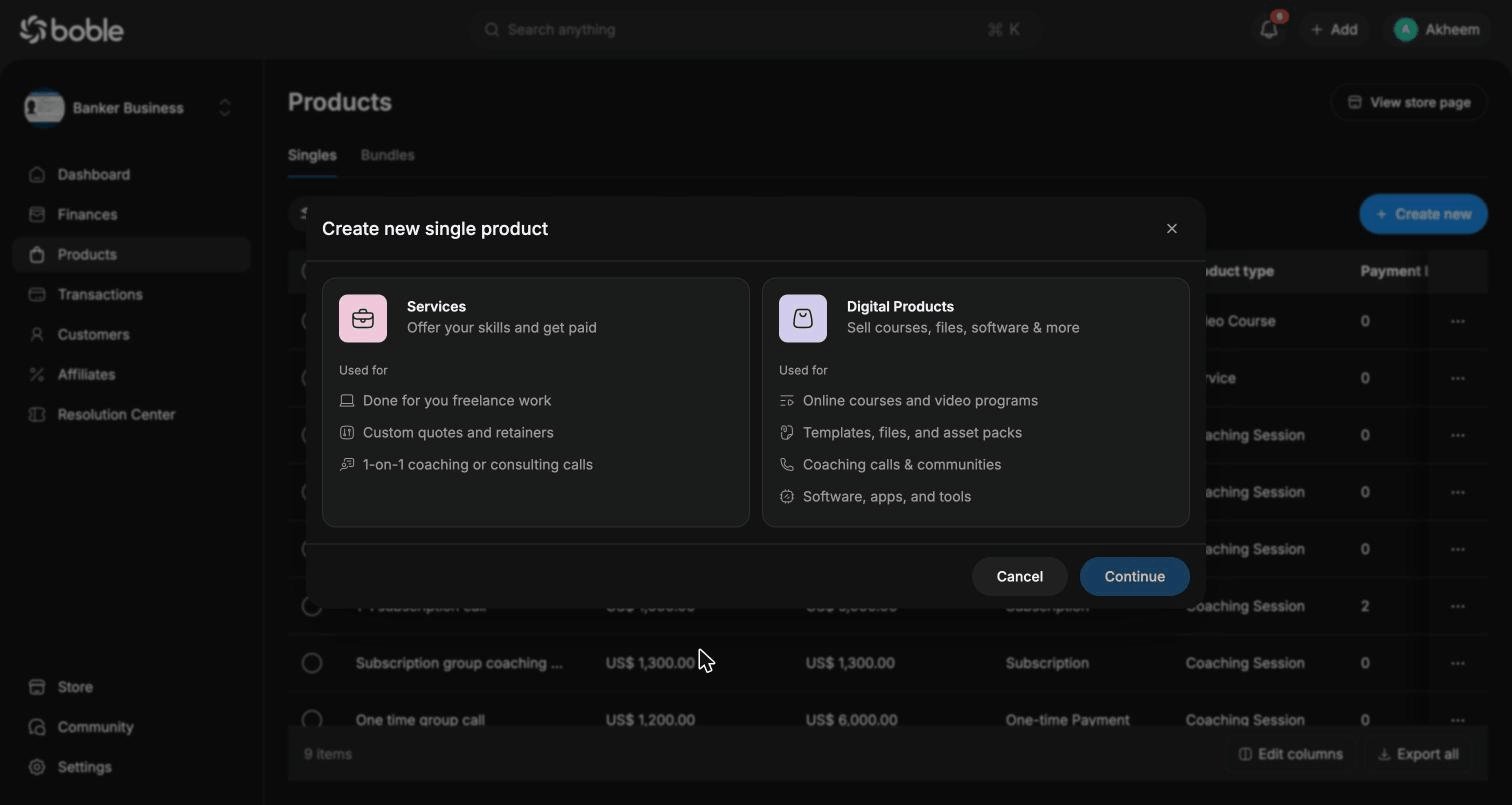 Create product — choose category