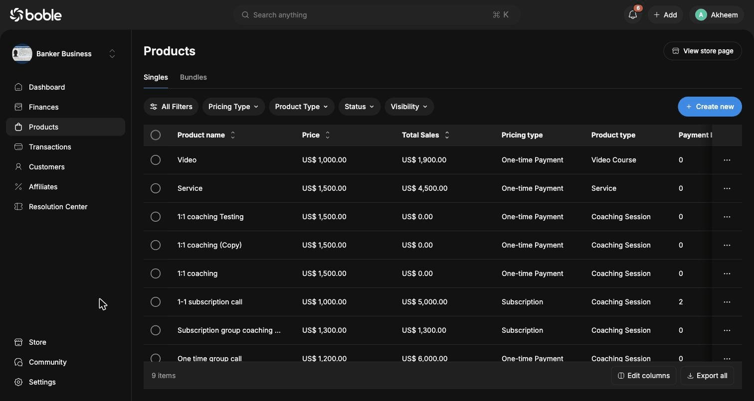 Boble admin products list