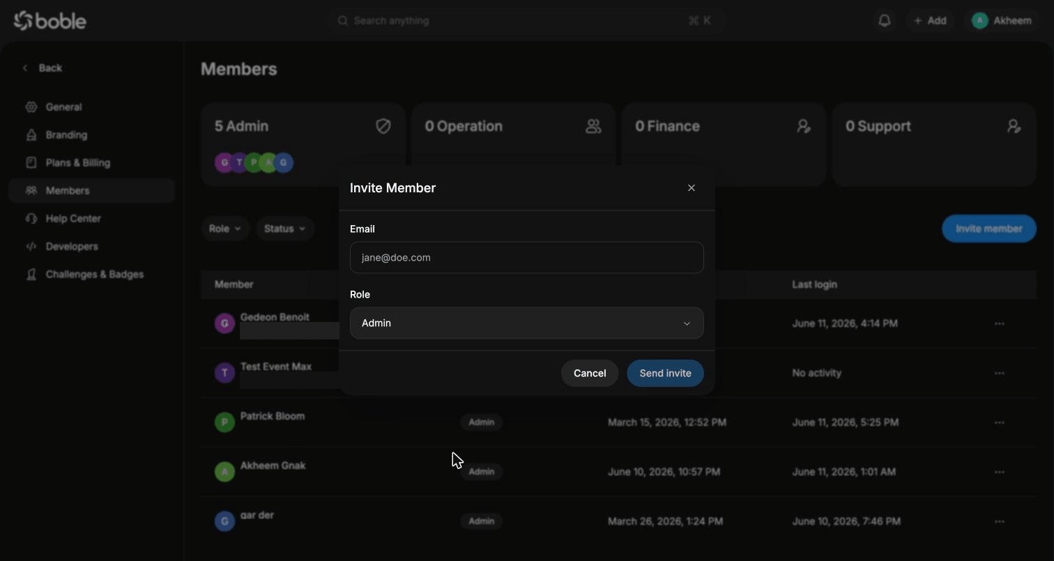 Settings — Invite member modal