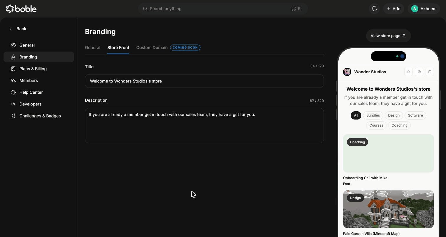 Settings — Branding Store Front tab