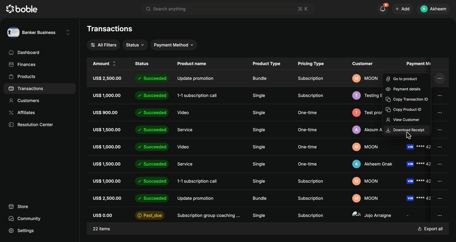 Transaction row actions menu
