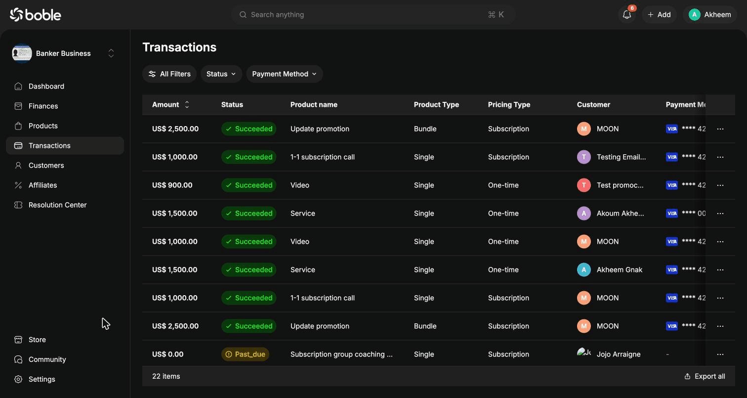 Boble admin transactions list