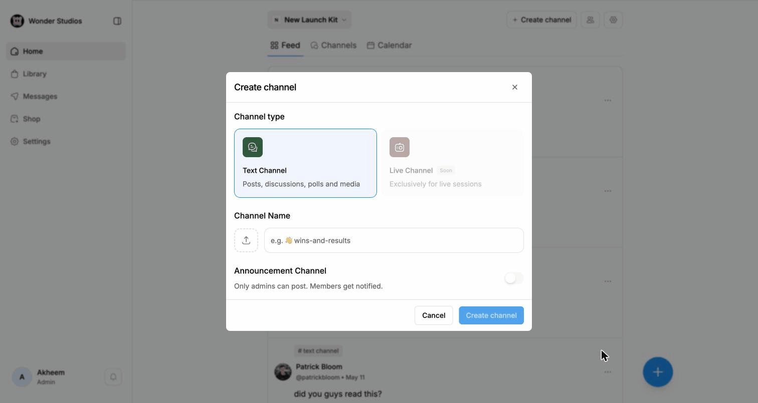 Create channel modal
