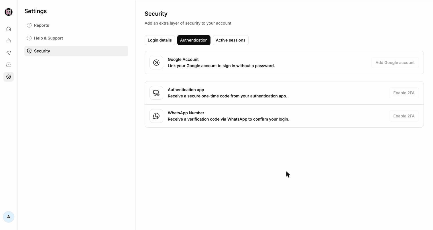 Security settings — authentication