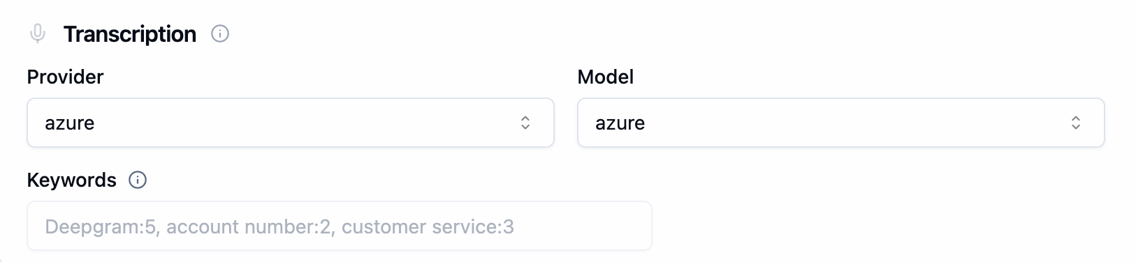 Bolna transcription settings showing Provider dropdown set to Azure, Model dropdown set to Azure, and Keywords input field with Bruce:100 as an example keyword boost entry