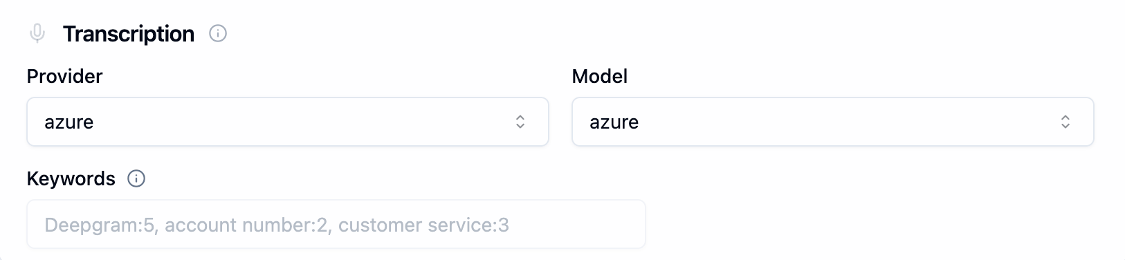 Bolna transcription settings showing Provider dropdown set to Azure, Model dropdown set to Azure, and Keywords input field with Bruce:100 as an example keyword boost entry