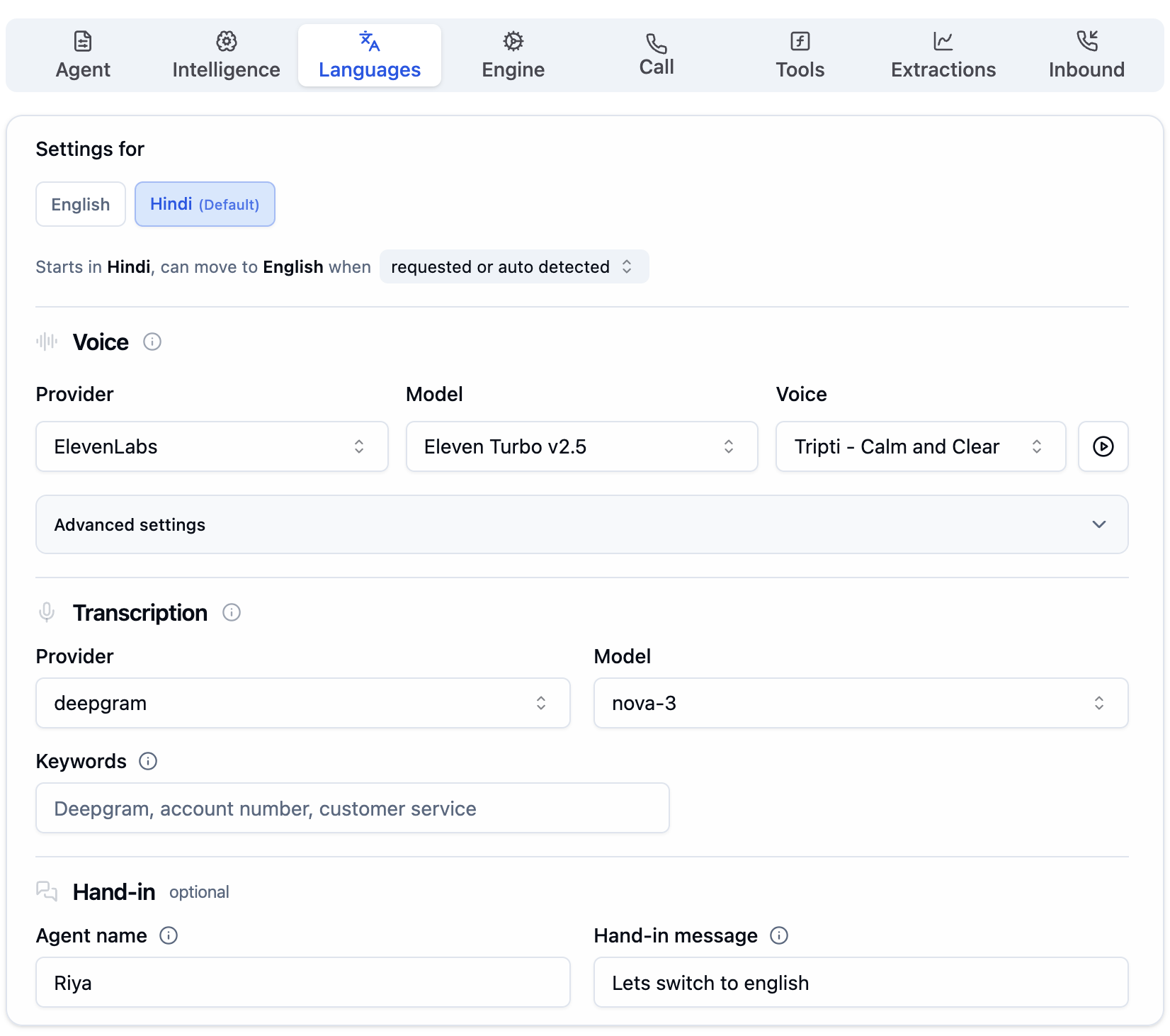 Full Audio Tab view with Languages section showing English Primary, Hindi, and Dutch, Speech-to-Text with Deepgram nova-3 and Keywords, Text-to-Speech with ElevenLabs Eleven Turbo v2.5, Nila voice, and tuning sliders for Buffer Size, Speed rate, Similarity Boost, Stability, and Style Exaggeration