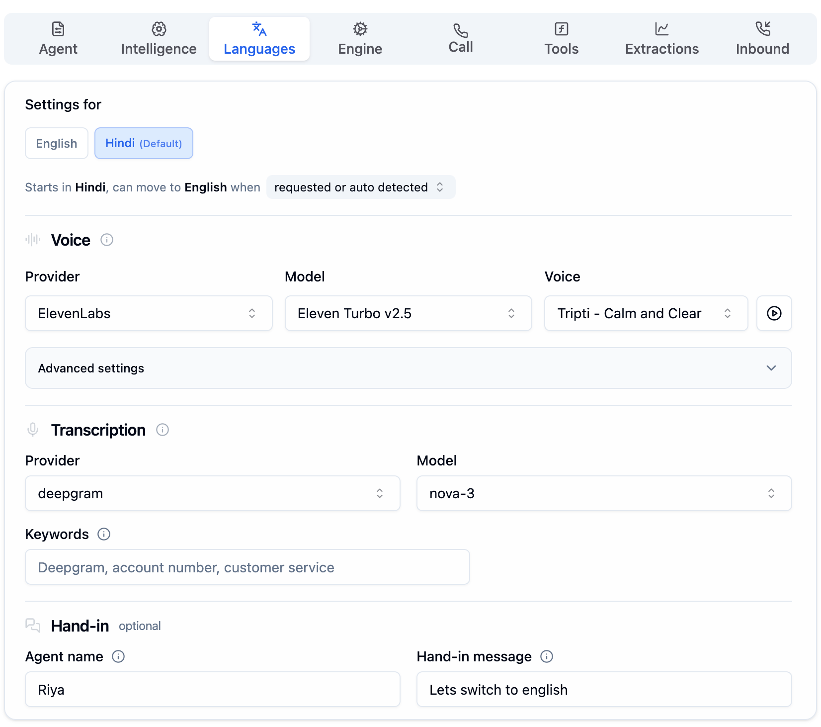 Full Audio Tab view with Languages section showing English Primary, Hindi, and Dutch, Speech-to-Text with Deepgram nova-3 and Keywords, Text-to-Speech with ElevenLabs Eleven Turbo v2.5, Nila voice, and tuning sliders for Buffer Size, Speed rate, Similarity Boost, Stability, and Style Exaggeration