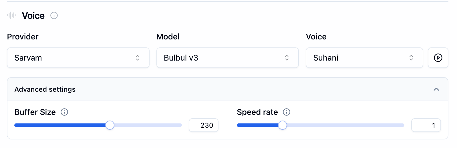 Bolna Text-to-Speech settings showing Sarvam provider, Bulbul v3 model, Suhani voice selected, with sliders for Buffer Size at 230, Speed rate at 1