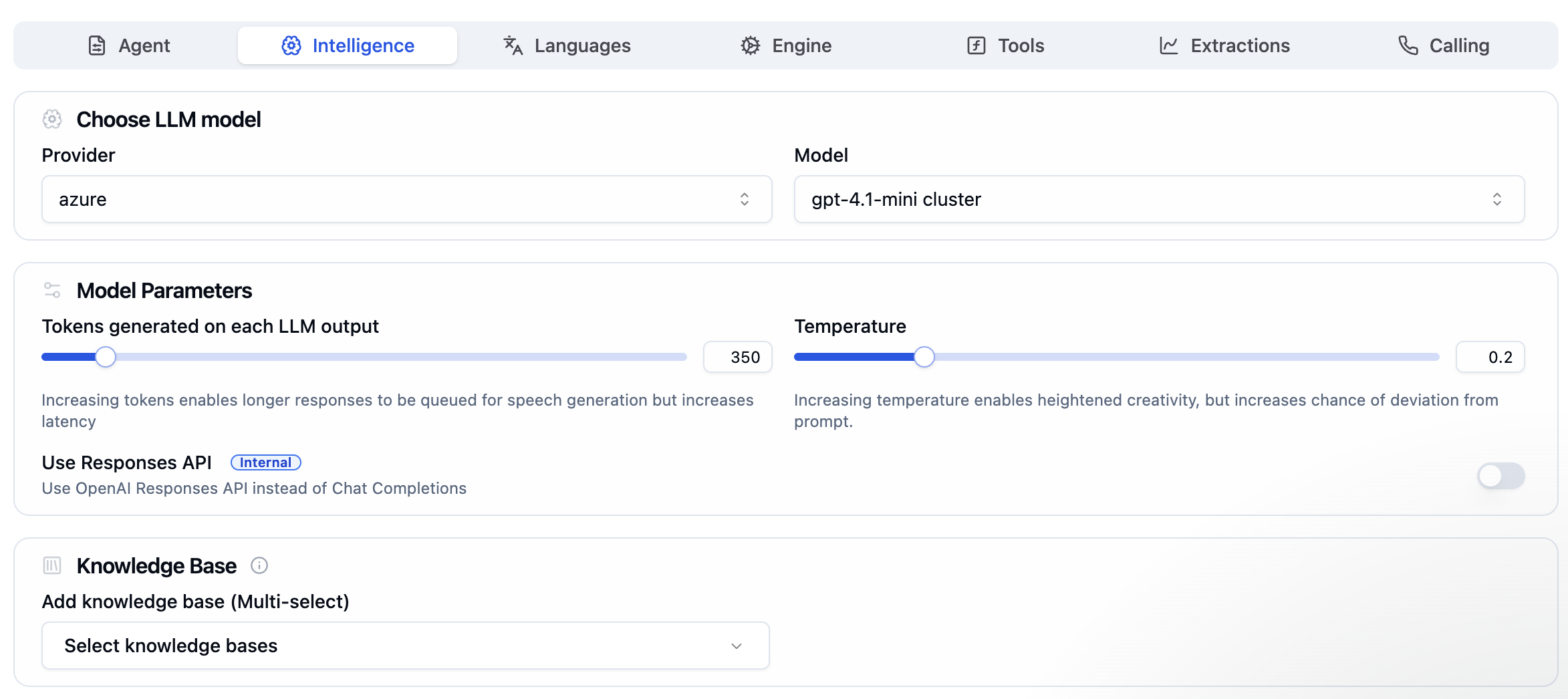 Intelligence Tab showing model selection, parameters, and knowledge base options