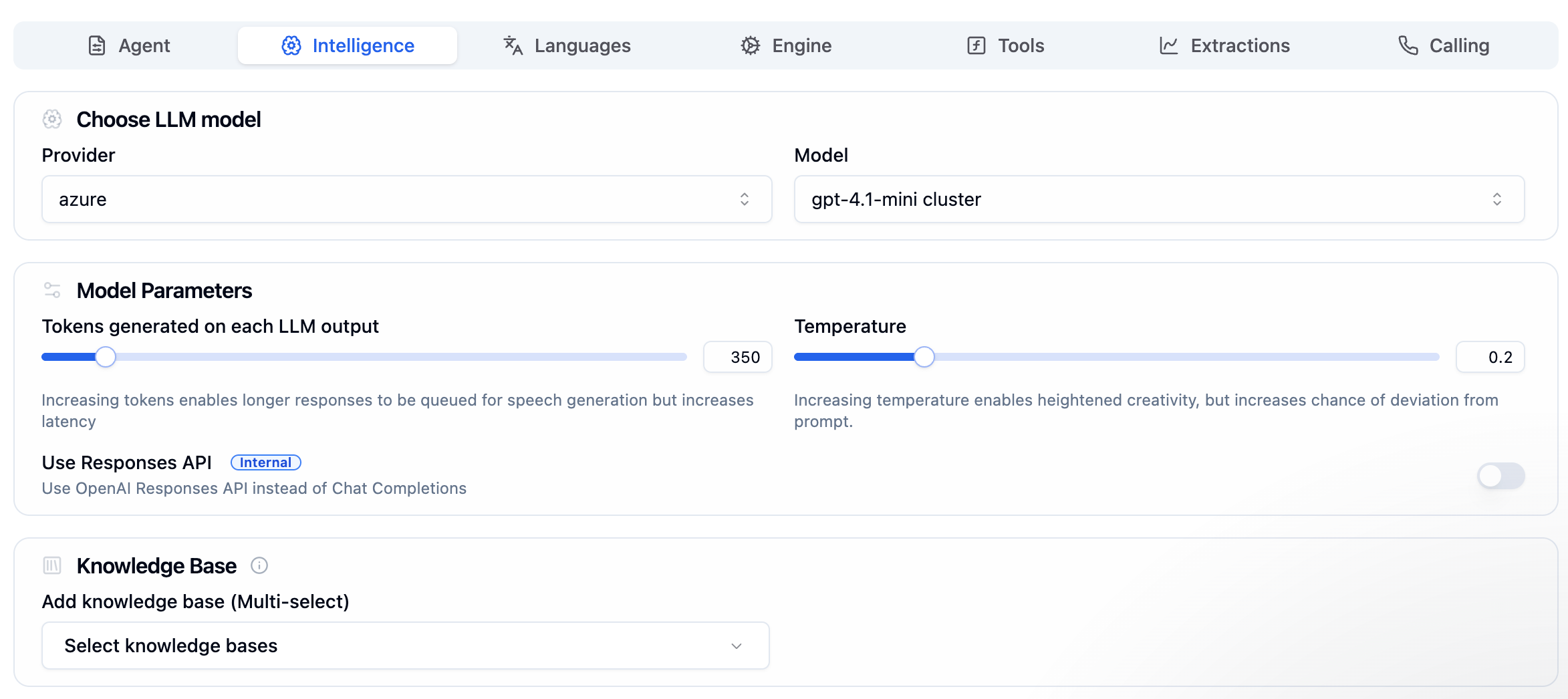 Intelligence Tab showing model selection, parameters, and knowledge base options