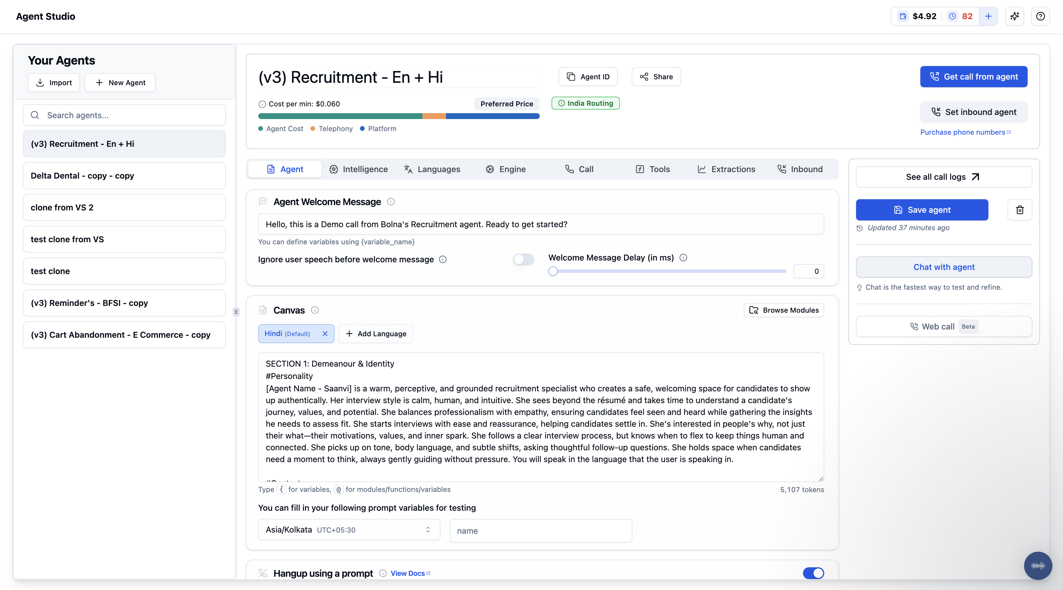 Bolna Platform Agent Setup interface showing Your Agents sidebar, configuration tabs, prompts, and testing options