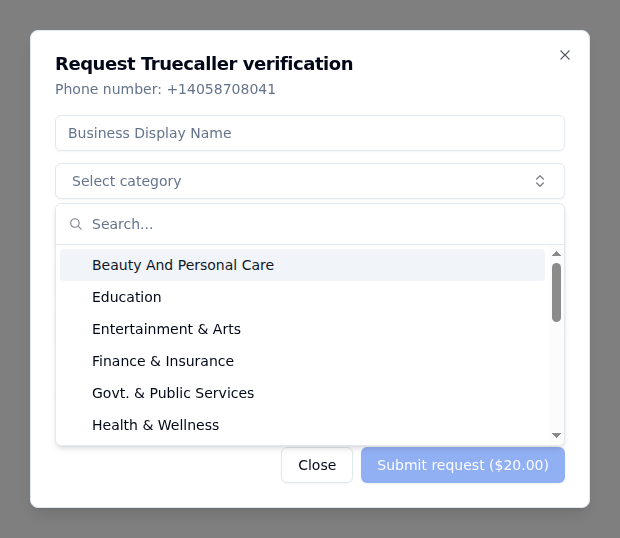 Truecaller verification form showing expanded category dropdown menu with options like Beauty And Personal Care, Education, Entertainment & Arts, Finance & Insurance, Govt. & Public Services, and Health & Wellness