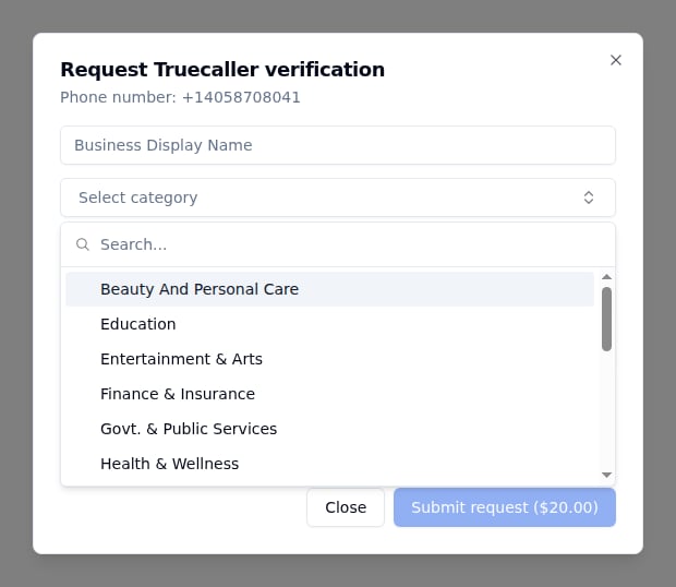 Truecaller verification form showing expanded category dropdown menu with options like Beauty And Personal Care, Education, Entertainment & Arts, Finance & Insurance, Govt. & Public Services, and Health & Wellness