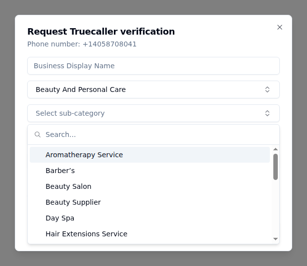 Truecaller verification form showing sub-category dropdown with specific business types like Aromatherapy Service, Barber's, Beauty Salon, Beauty Supplier, Day Spa, and more
