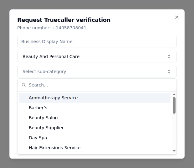 Truecaller verification form showing sub-category dropdown with specific business types like Aromatherapy Service, Barber's, Beauty Salon, Beauty Supplier, Day Spa, and more