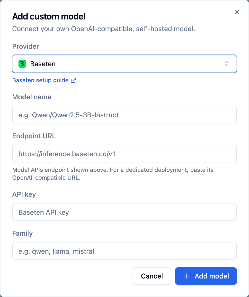 Bolna Add custom model dialog with Baseten selected and inference.baseten.co/v1 shown as the endpoint placeholder