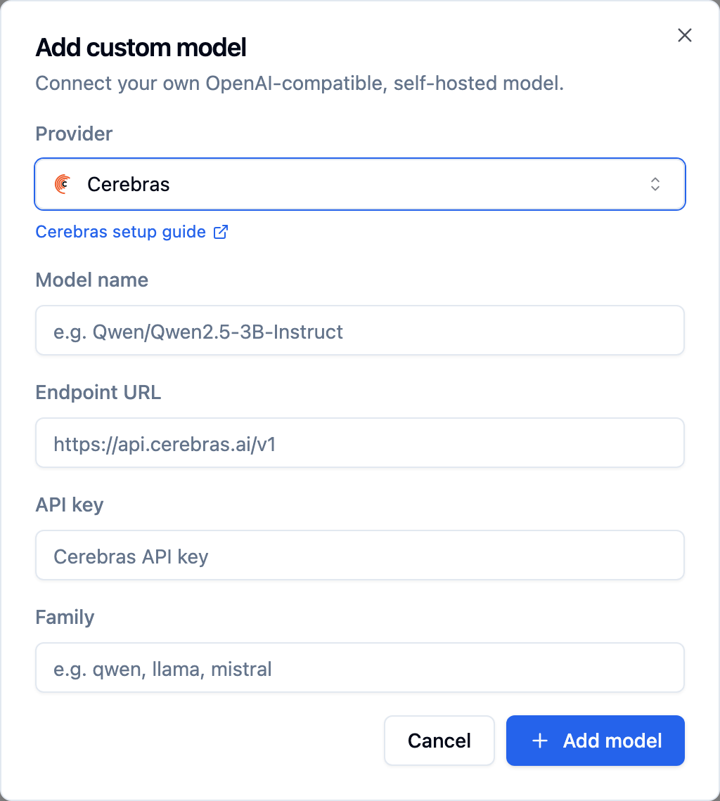 Bolna Add custom model dialog with Cerebras selected and api.cerebras.ai shown as the endpoint placeholder