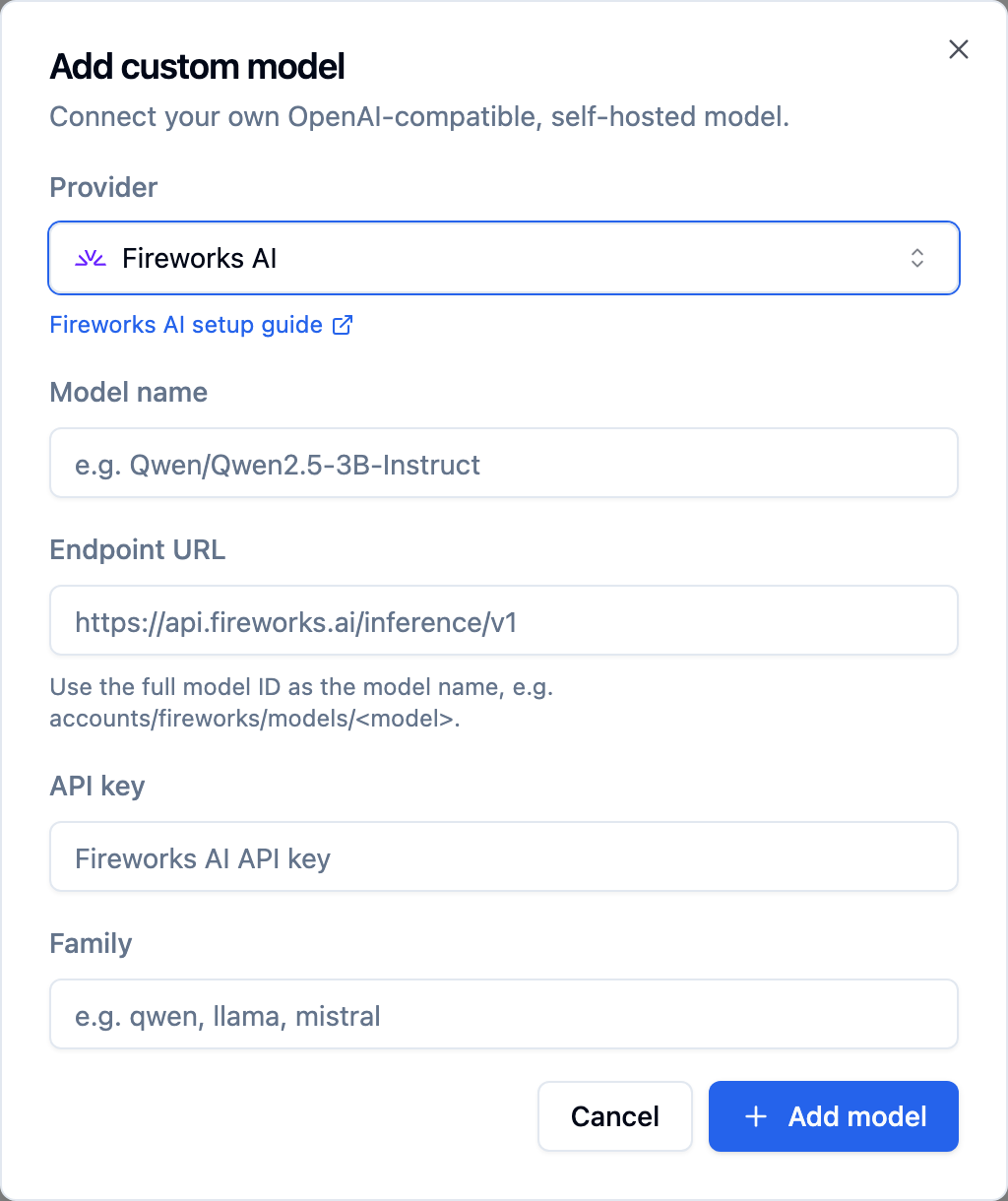 Bolna Add custom model dialog with Fireworks AI selected, api.fireworks.ai/inference/v1 as the endpoint placeholder and a hint to use accounts/fireworks/models/ model IDs