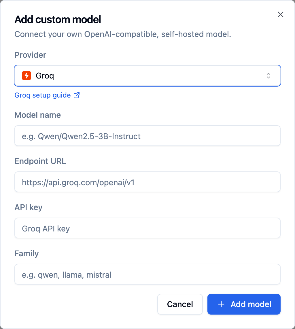 Bolna Add custom model dialog with Groq selected and api.groq.com/openai/v1 shown as the endpoint placeholder