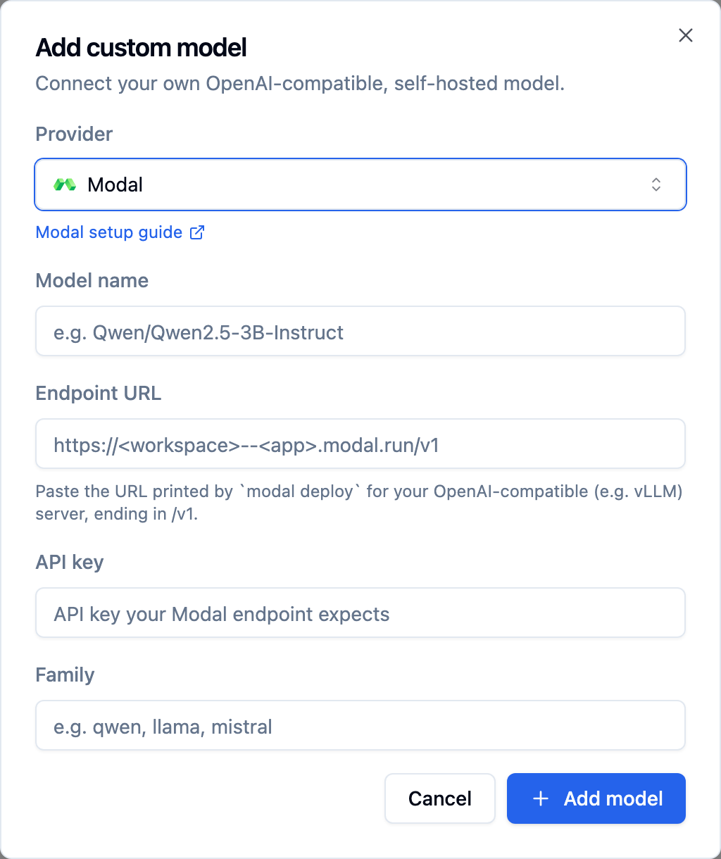 Bolna Add custom model dialog with Modal selected as provider and an empty endpoint URL field showing a Modal URL placeholder