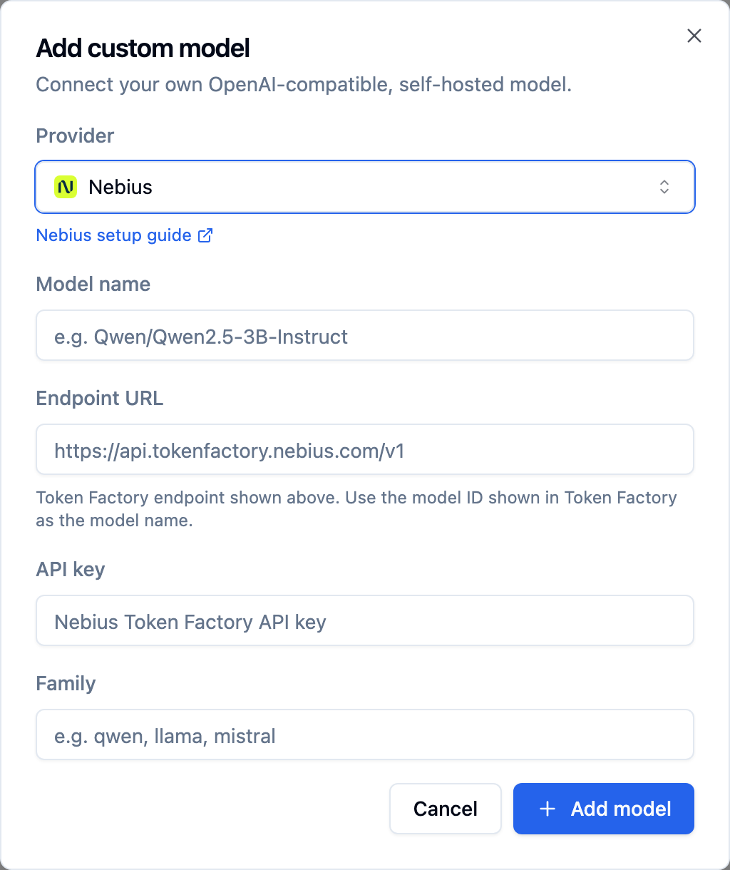 Bolna Add custom model dialog with Nebius selected and the Token Factory endpoint shown as placeholder text