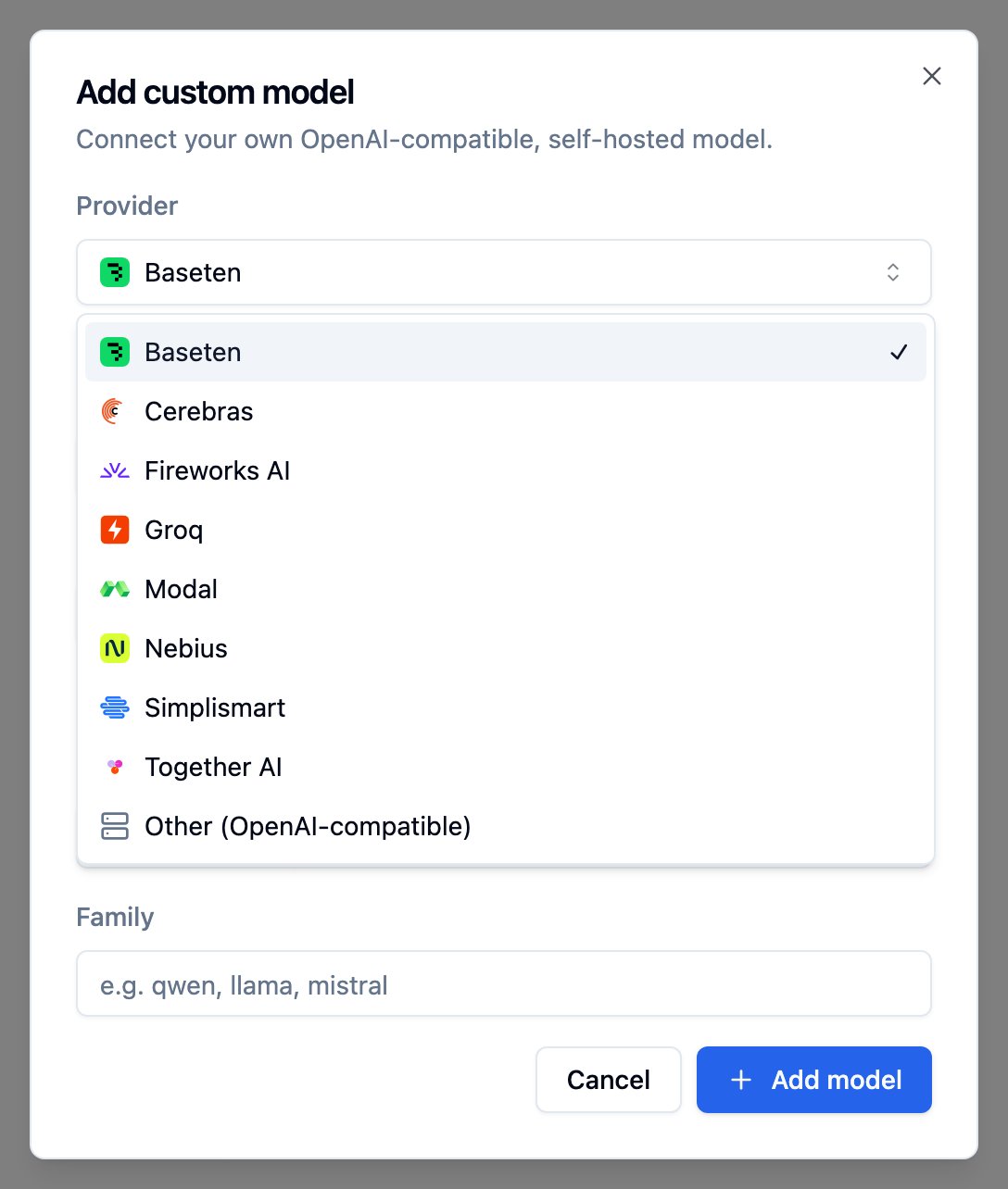 Add custom model dialog with the Provider dropdown open, listing Baseten, Cerebras, Fireworks AI, Groq, Modal, Nebius, Simplismart, Together AI and Other (OpenAI-compatible)