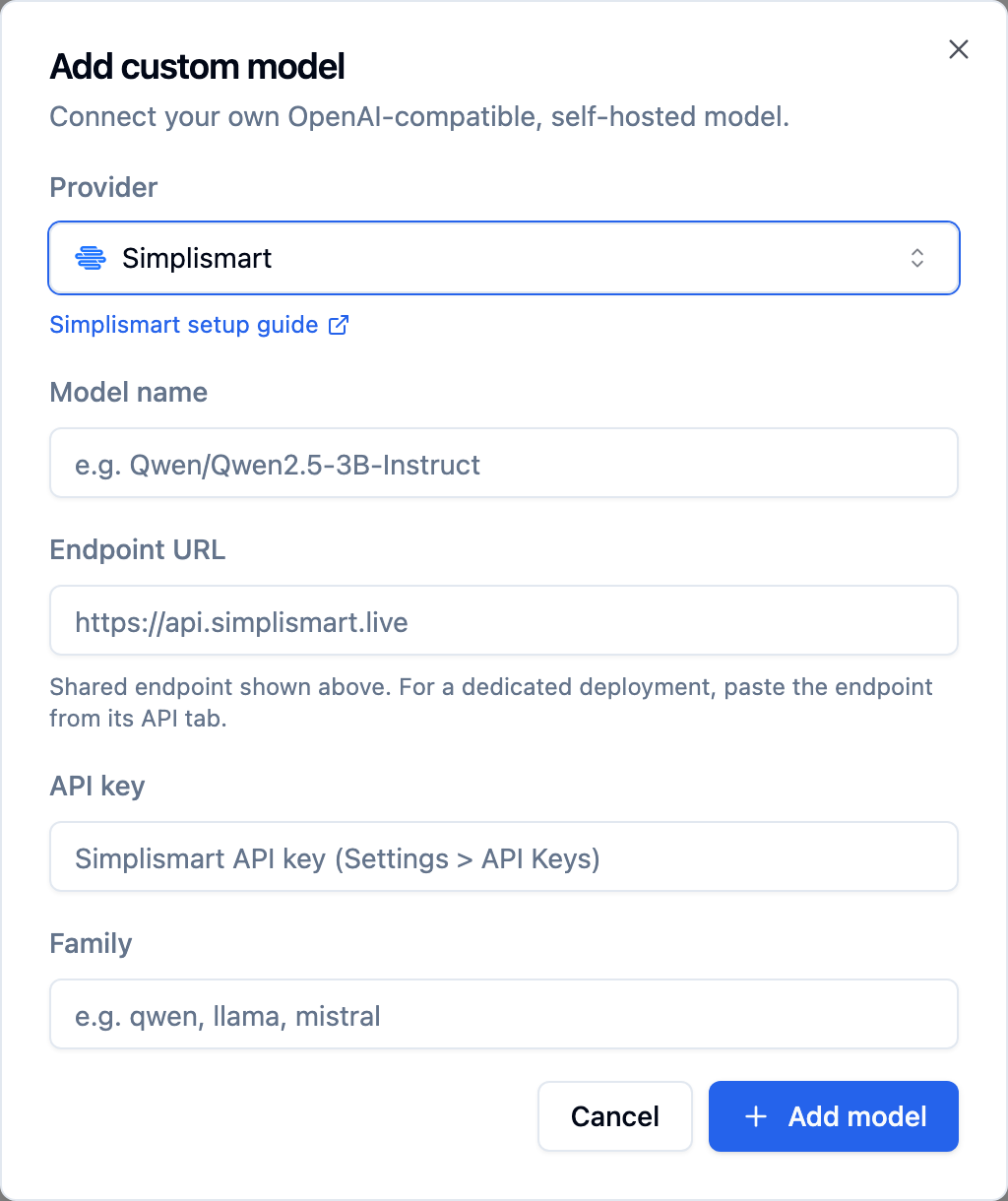 Bolna Add custom model dialog with Simplismart selected and api.simplismart.live shown as the endpoint placeholder