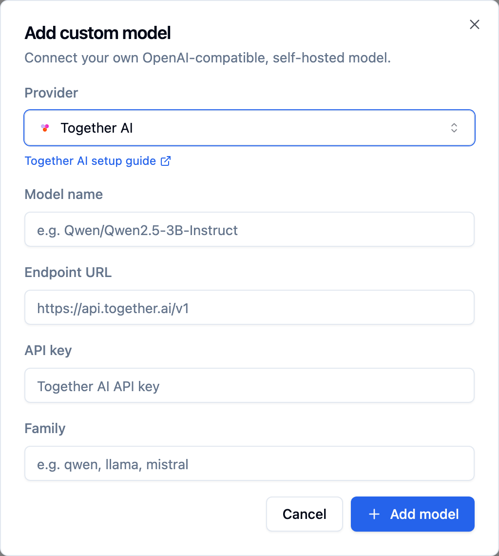 Bolna Add custom model dialog with Together AI selected and api.together.ai/v1 shown as the endpoint placeholder